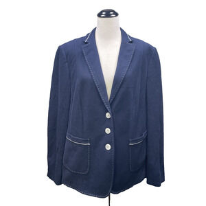 Vtg Basler Navy Cotton Blazer Jacket Wht Contrast Stitch Women 16 Dark Academia
